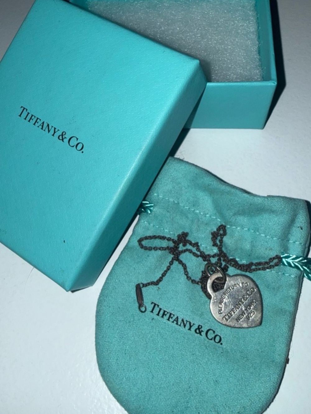 Tiffany & Co. Blue Pouch with Silver Heart Tag Necklace